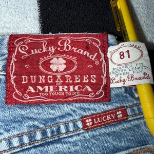 Lucky Brand Red and Light Blue Denim Dungarees Label Detail